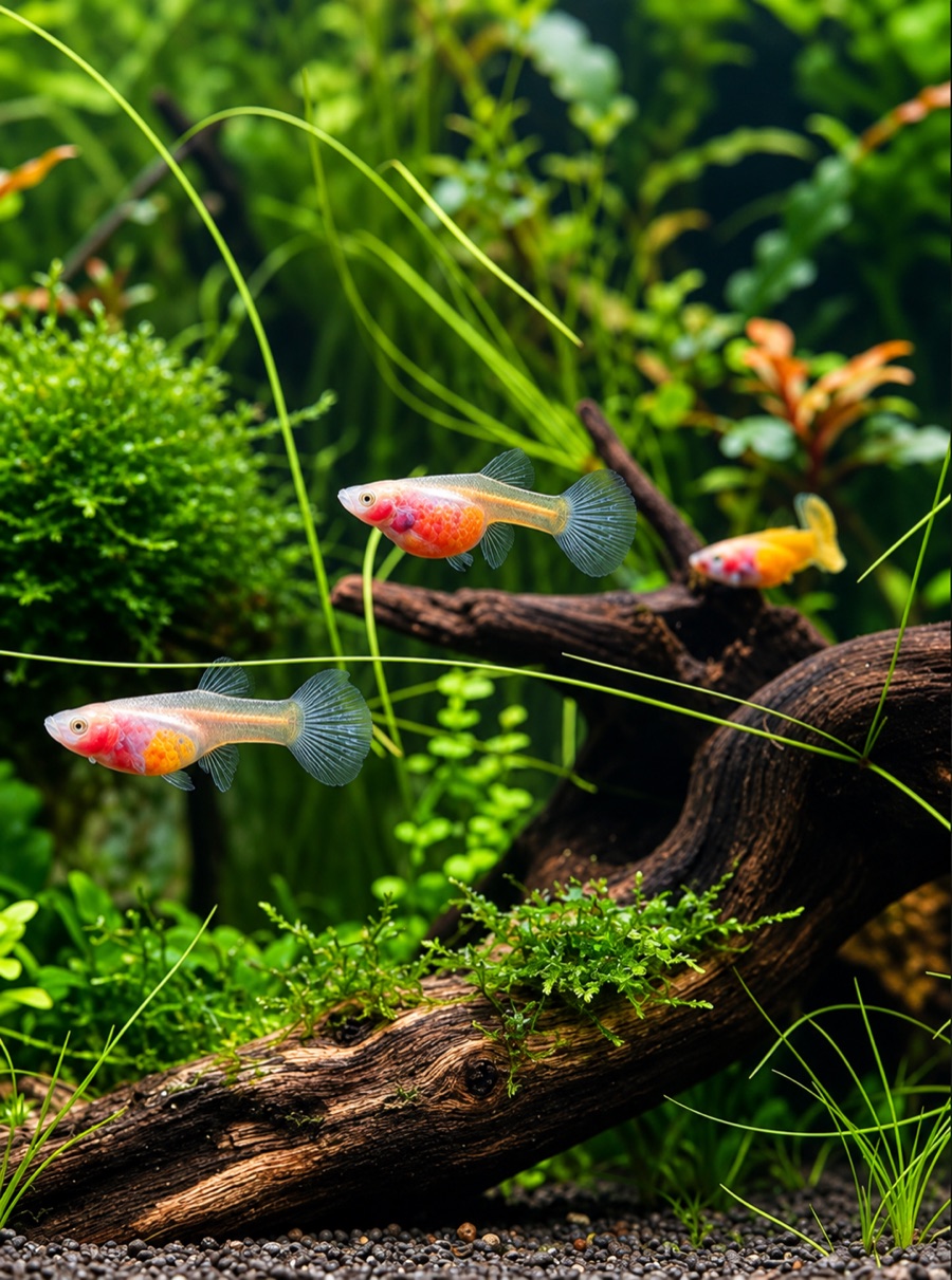 Glass Belly Guppys au ventre transparent entre plantes aquatiques et racine